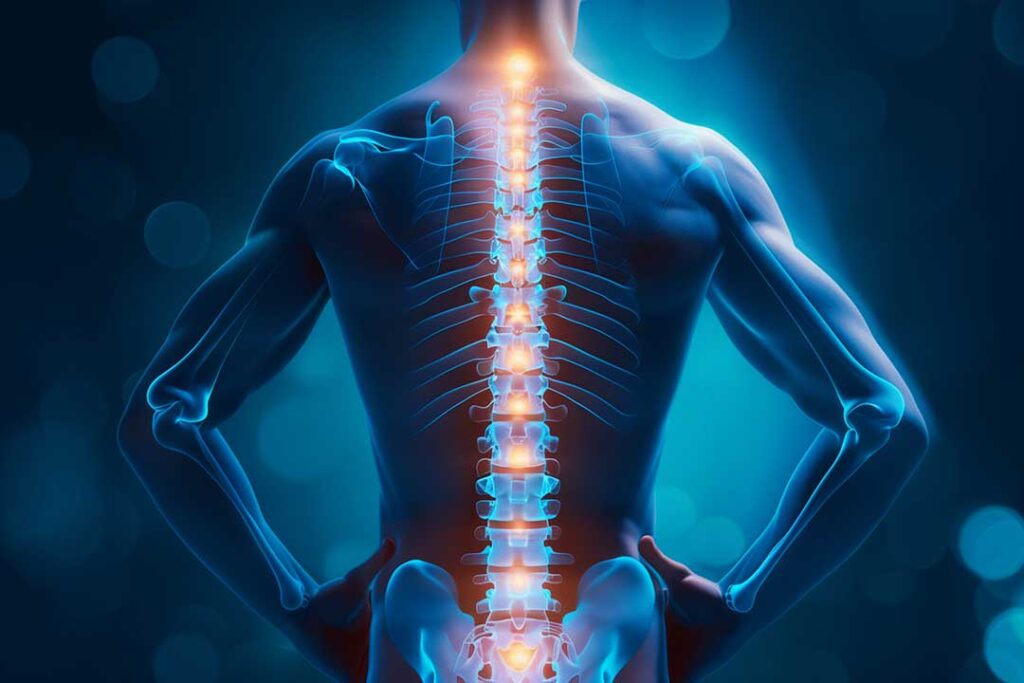 A chiropractor explaining spinal nerve pathways to a patient using a detailed anatomical model.